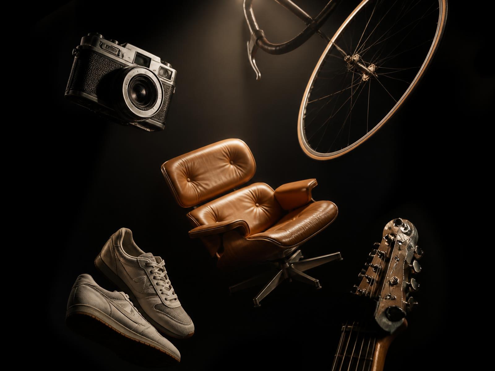 Everyday objects floating above a dark warm backdrop